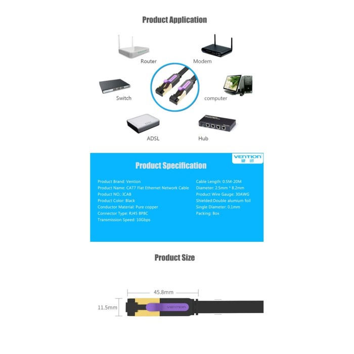 Kabel LAN Vention ICA 5M Cat7 Flat PREMIUM High Speed FTP Shielded