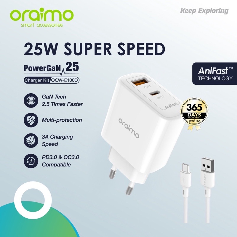 Oraimo OCW-E100D PowerGan Dual Charger Kit 25W Super Speed Fast Charging - Garansi 1 Tahun