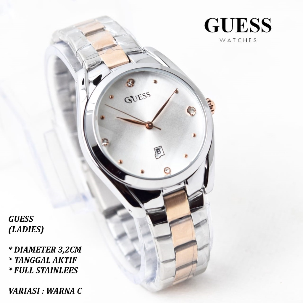 (BISA COD) JAM TANGAN WANITA GUESS RANTAI BODY BULAT TANGGAL AKTIF