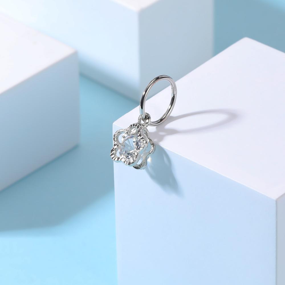 1 PC Anting Tindik Pusar / Hidung Model Lingkaran Menjuntai Aksen Kristal Bahan Stainless Steel