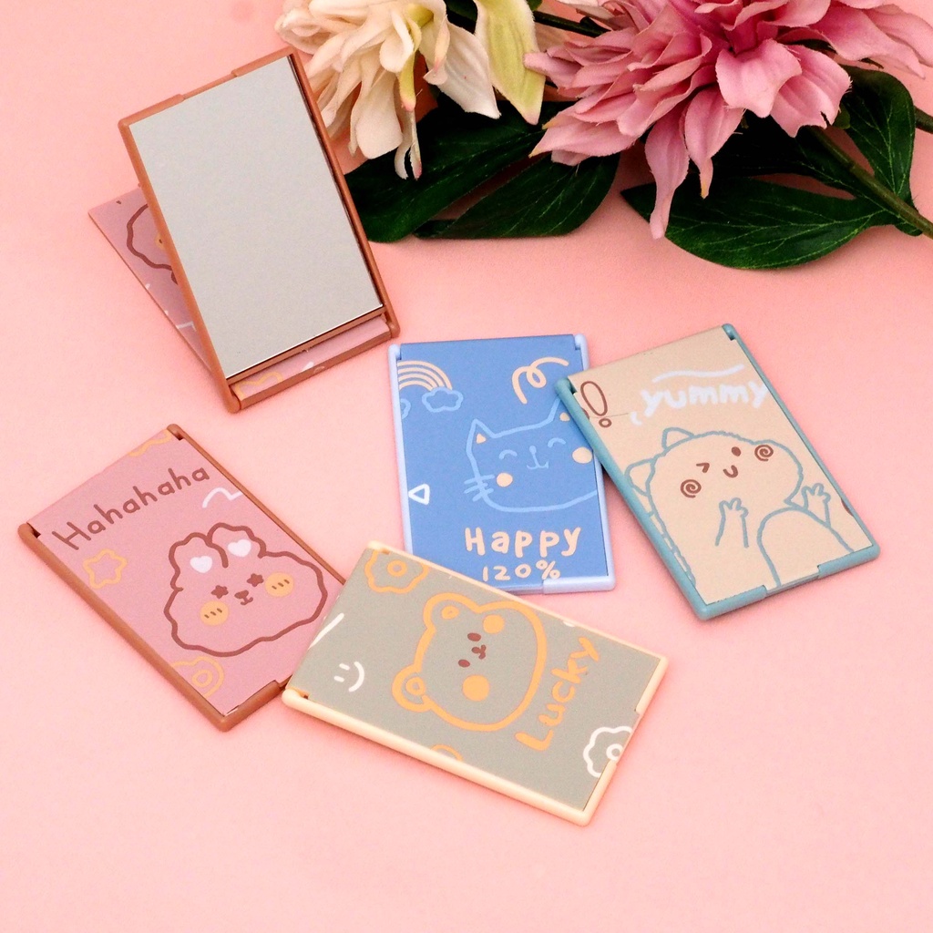 Cermin Lipat Kotak Saku Portable Motif Cartoon Animals Lucu Kaca Lipat Make Up Travel Persegi Panjang