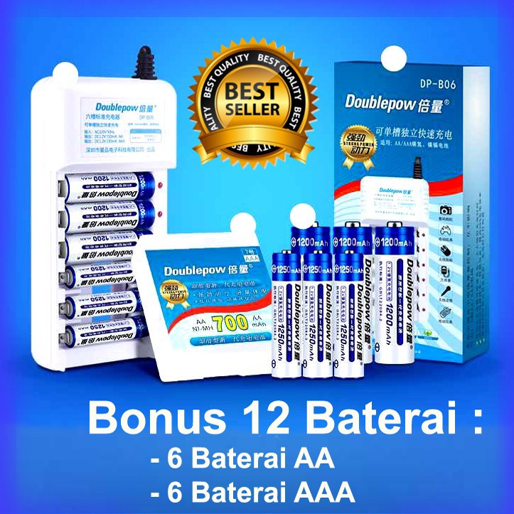 Alat Charger Baterai AA dan AAA Rechargeable 6 Slot Isi Ulang Cas A2 dan A3 - Bonus 12 Baterai