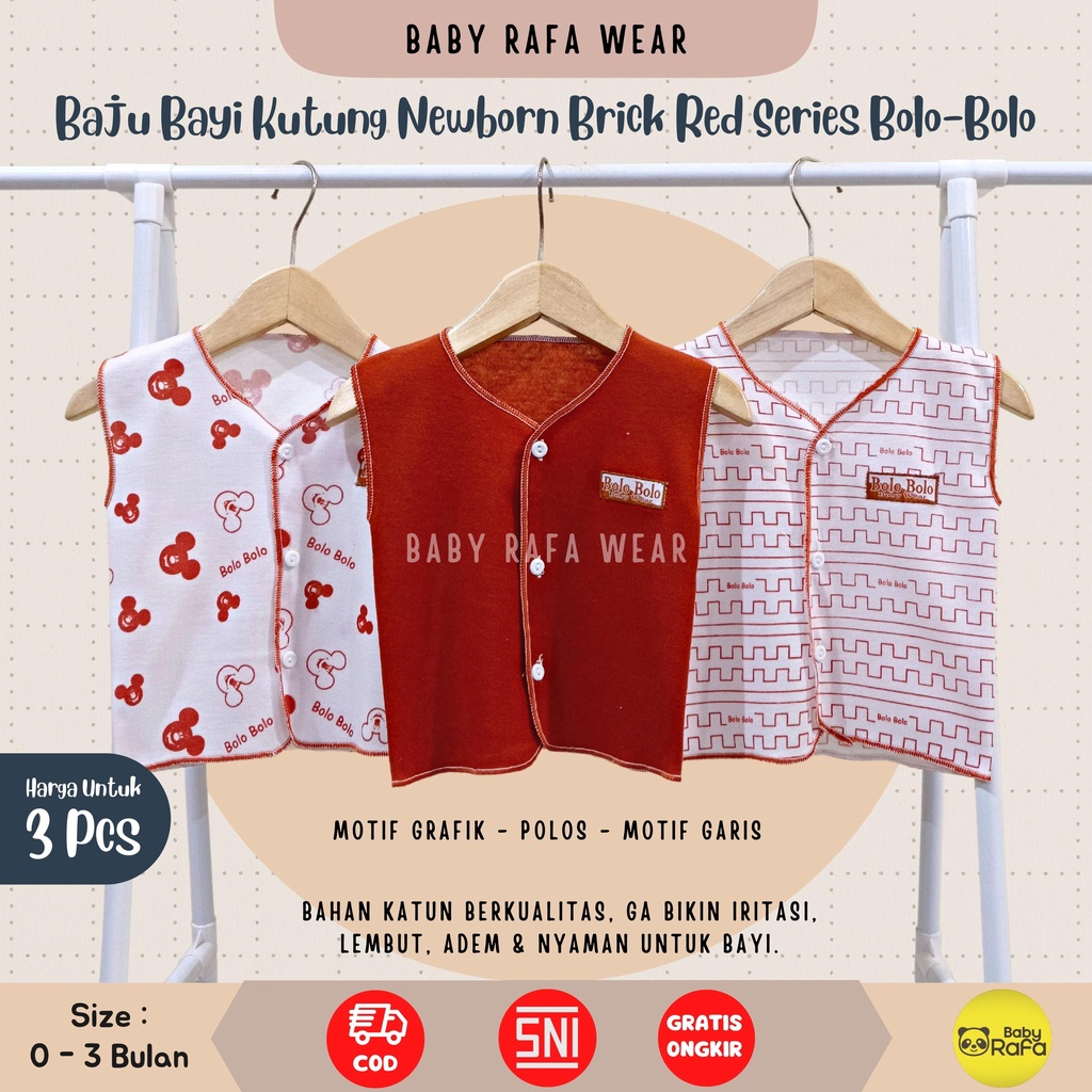 Serian Merah Bata - 3 pcs Baju Bayi Kutung Bayi Baru Lahir 0 sd 3 Bulan Brick Red Series merk SNI Bolo - Bolo