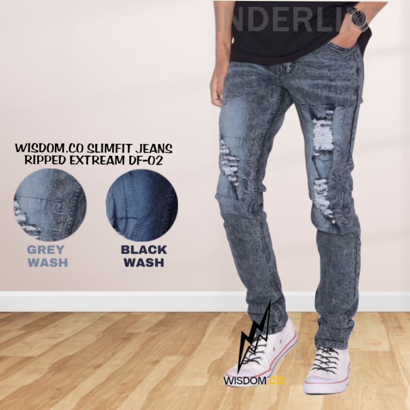 Wisdom - Celana Jeans Pria Sobek Bikers Full Jeans Stretch Melar | Denim Slimfit Kasual Ripped