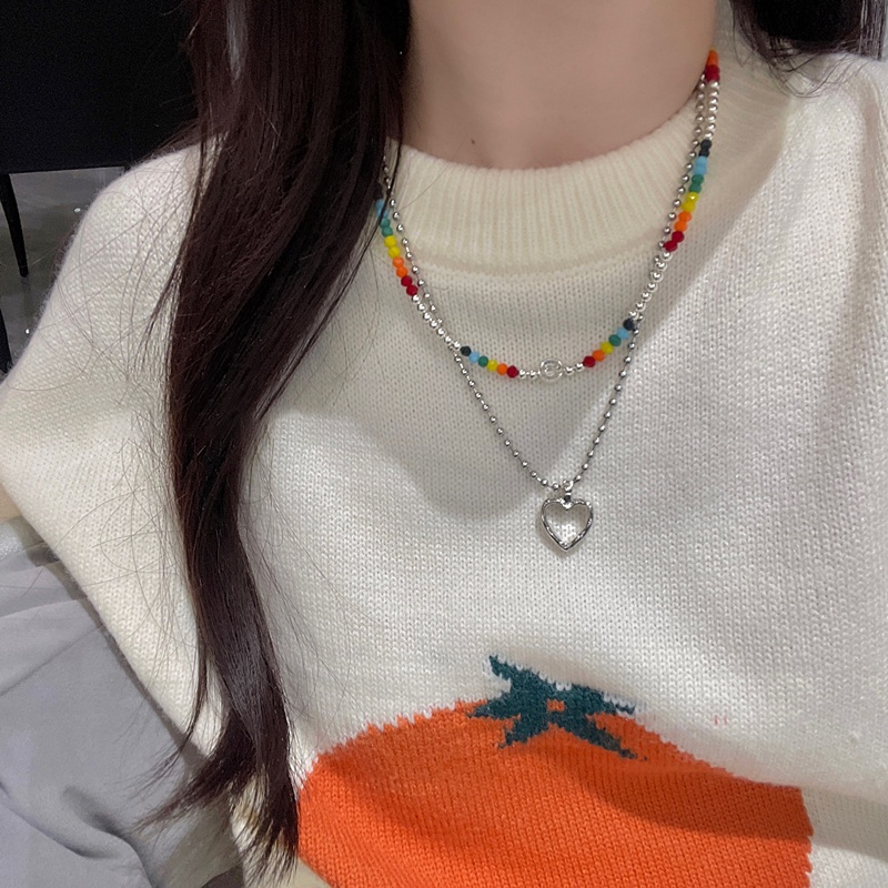 Kalung Choker Rantai Silver Banyak Lapis Dengan Manik-Manik Warna-Warni Untuk Wanita