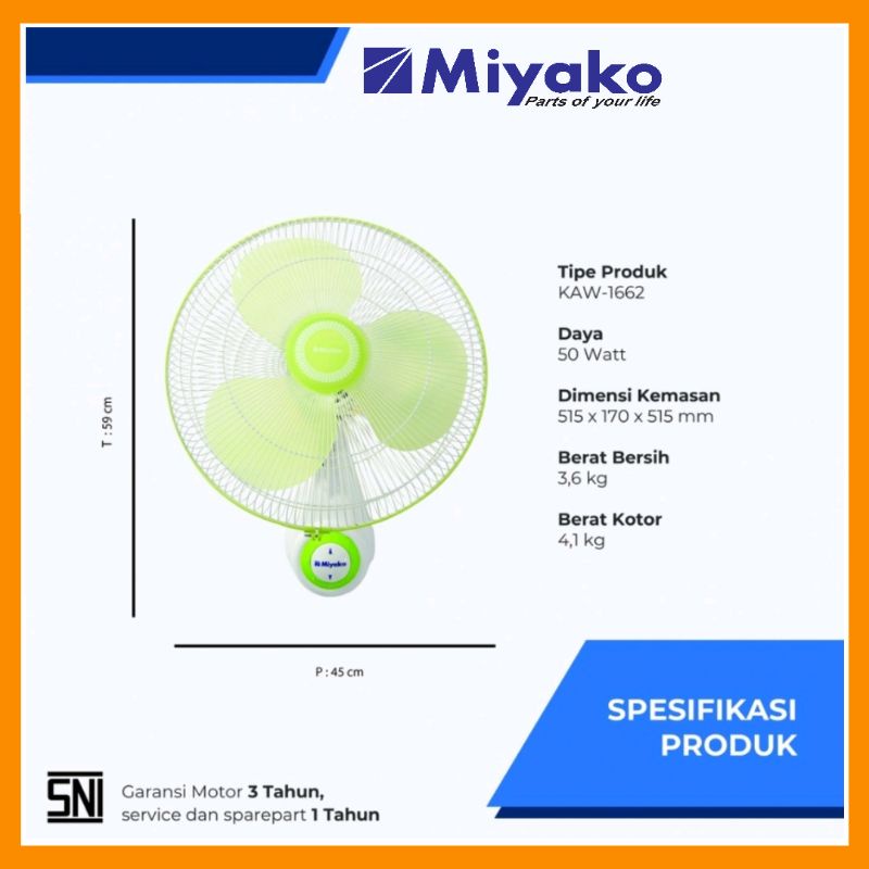 MIYAKO 16 inch Kipas Angin Dinding KAW-1662