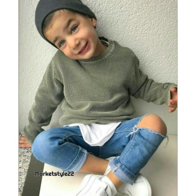 Celana Jeans Anak Sobek Lutut Warna Biru Tua Darkblue Soft Stretch Denim Ripped Sobek Anak Cowok Lak