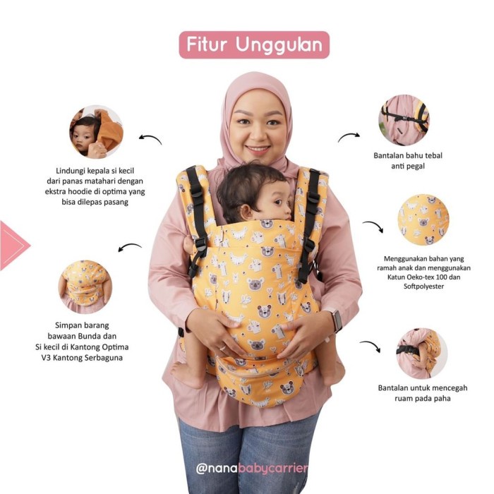 Gendongan Bayi Adjustable SSC Nana Babycarrier Optima Soft Polyester untuk Newborn - 4 Tahun