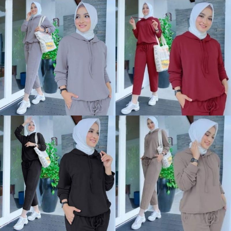 STELAN SWEATER HOODIE + CELANA WANITA SET TRAINING CEWEK BAJU OLAHRAGA WANITA SET SELINA SPORTY AG