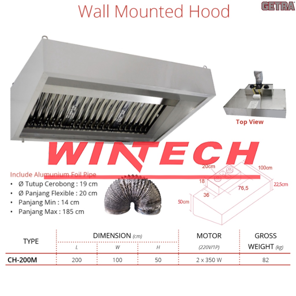 Getra CH-200M Wall Mouted Hood Alat Pengisap Asap Dapur Saat Memasak - Cooker Hood - Tudung Hisap - 