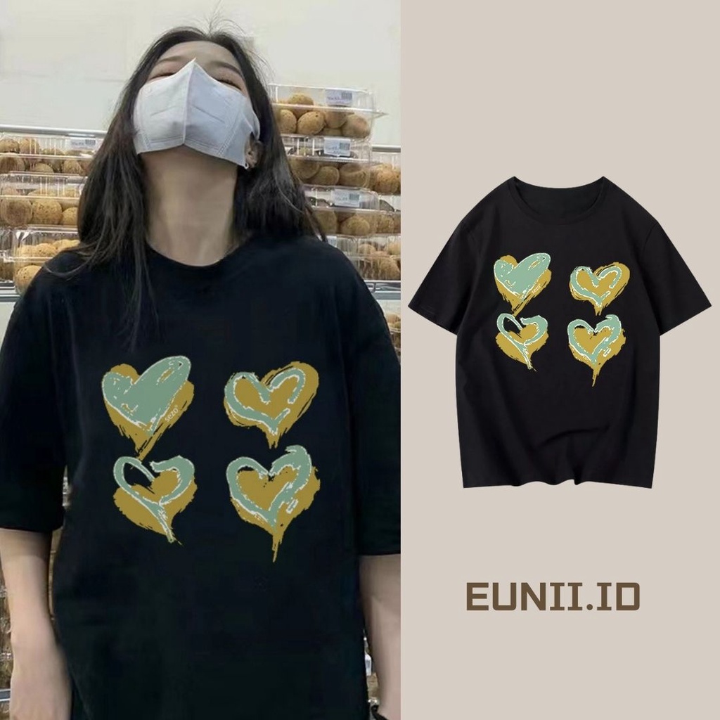 EUNII T-shirt  Lengan Pendek Coretan Hati Manis Longgar Korean Style/Kaos Atasan Wanita/Baju Kaus Oversize Wanita