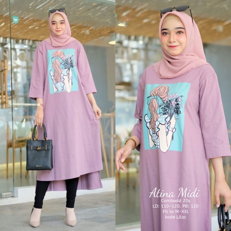 MIDI DRESS ATINA BAHAN KAOS KATUN COMBED 24S APLIKASI SABLON UKURAN M , L , XL , XXL MIDI DRESS MUSLIM / MIDI DRESS WANITA JUMBO / KAOS KATUN COMBED LENGAN PANJANG WARNA BLACK , PINK , BLUE , LIME , LILAC , BATA