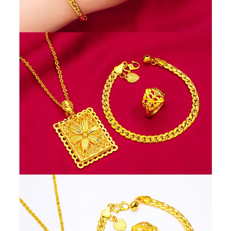 Goldkingdom Perhiasan Fashion 24K Bangkok Aksesoris Ready Stock Wanita Persegi Lapis Emas Asli Kadar 375 Ringan Mewah Cantik Liontin Cincin Set Kalung