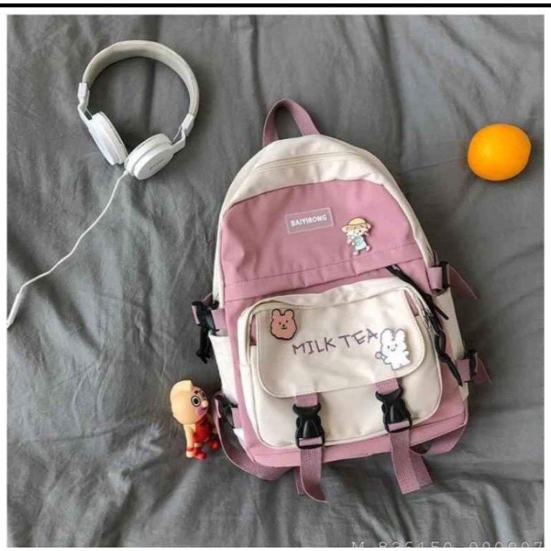 Tas Ransel Wanita Korea School MILK TEA PIN Backpack Perempuan Stylish Fashion K-POP Omo Omo Kiyowok