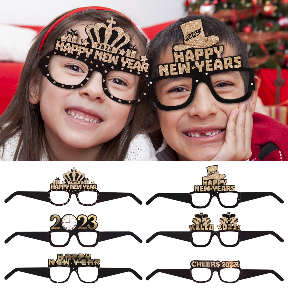 6Pcs/Set Costume Gold Frame Glitter Christmas Glitter Eyeglasses Photo Props 2023 Happy New Year Party Festivals Decoration Decorative Products Cosplay Eyes Glasses Fashion