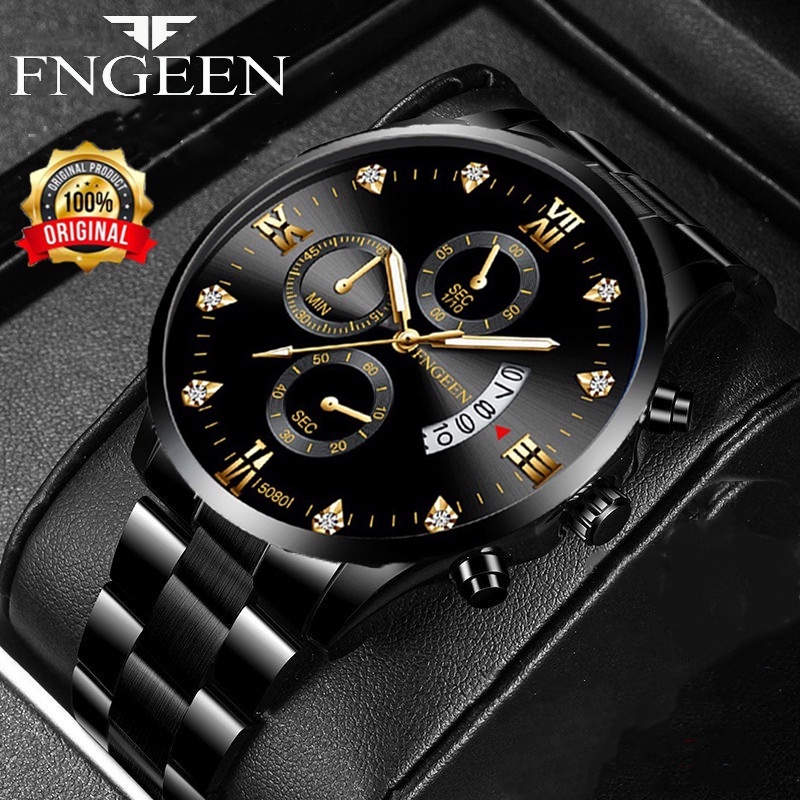 (COD)Jam tangan pria anti air Original fashion Watch Date Luxury Stainless Steel Kalender with box free battery jaam tangan pria arloji pria ready stock