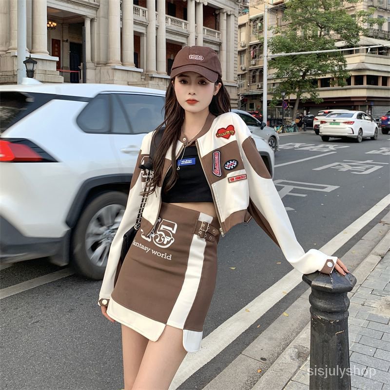 [✅BISA COD]  #Sisjuly# Wanita setelan sepeda motor lengan panjang tas mantel pinggul rok wanita musim gugur baru