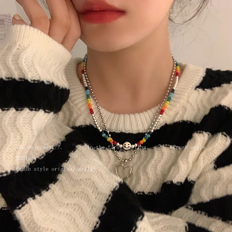 IFYOU Kalung Rantai Choker Liontin Manik-Manik Smiley Hati Warna-Warni Gaya Vintage Korea Untuk Wanita