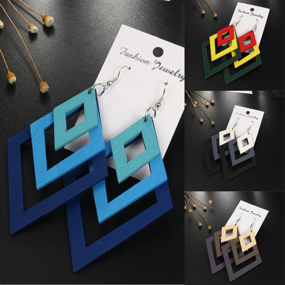 Anting Kait Gantung Model Asimetris Multilayer Bahan Kayu Gaya Retro Untuk Wanita