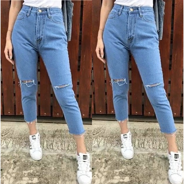 HIGH WAIST CELANA BOYFRIEND JEANS PANJANG WANITA SOBEK GARIS LUTUT TERBARU