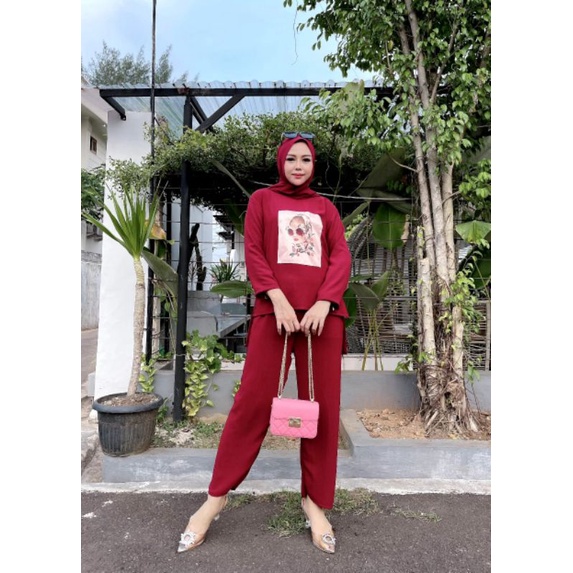 One Set Crinkle Airflow Sablon/ Setelan Crinkle Sablon