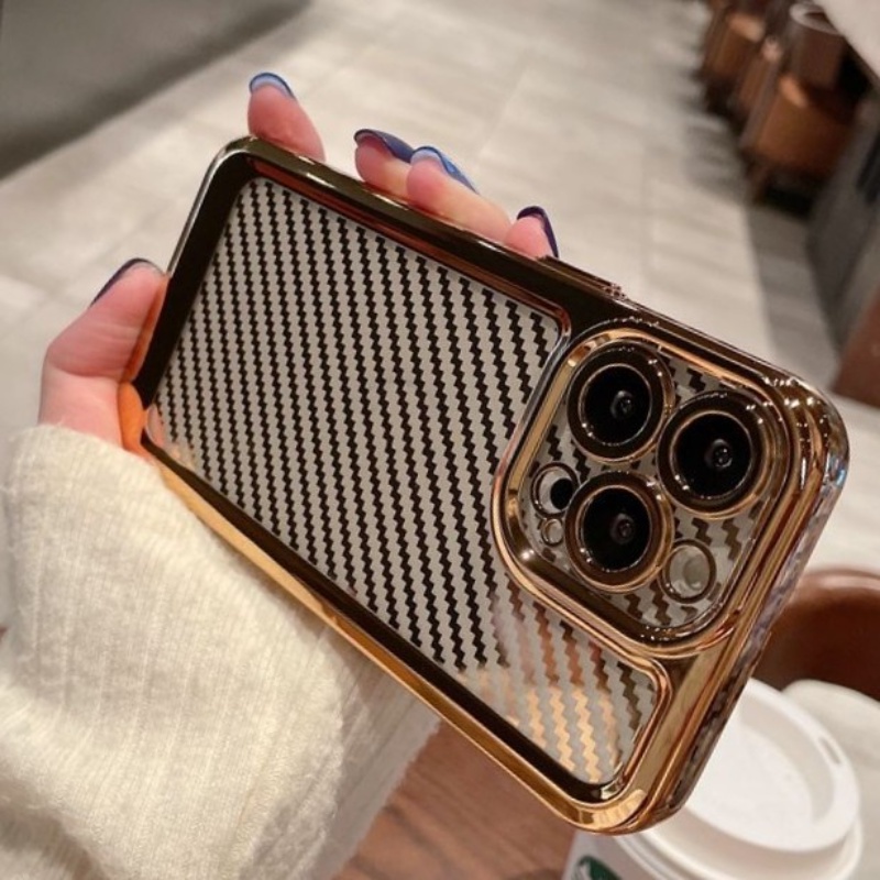 Soft Case Bahan Karbon Fiber Transparan Electroplated Untuk iPhone 14 13 11 12 Pro MAX X XS MAX XR 7 8 Plus