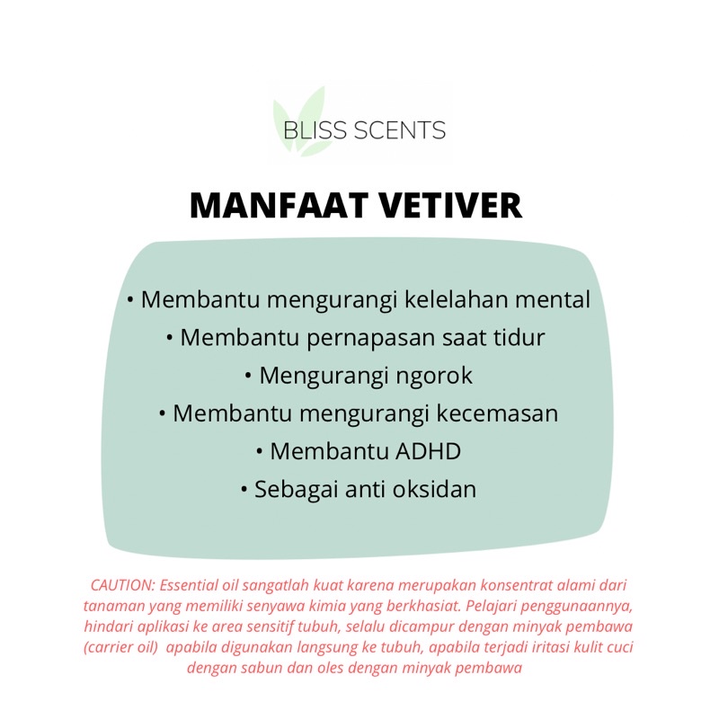 Bliss Vetiver / Akar Wangi Essential Oil Aromatherapy 100% Murni Therapeutic Grade Aromaterapi