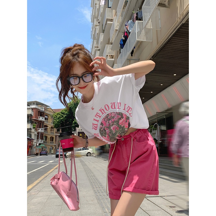 EUNII T-shirt Lengan Pendek Retro Mawar Pencetakan Longgar Korean Style/Kaos Atasan Wanita/Baju Kaus Oversize Wanita