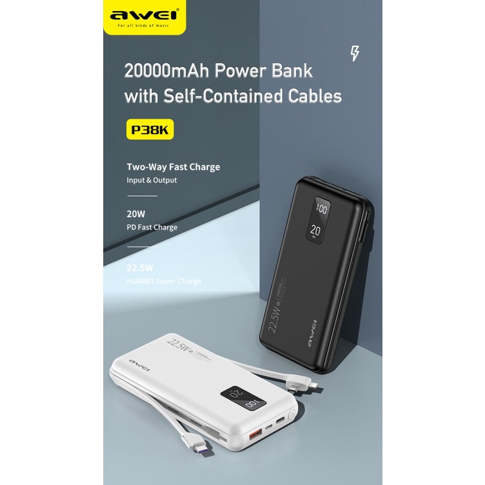 AWEI POWERBANK 20000MAH 22.5W BUILT IN CABLE FAST CHARGING P38K ORIGINAL TERBARU