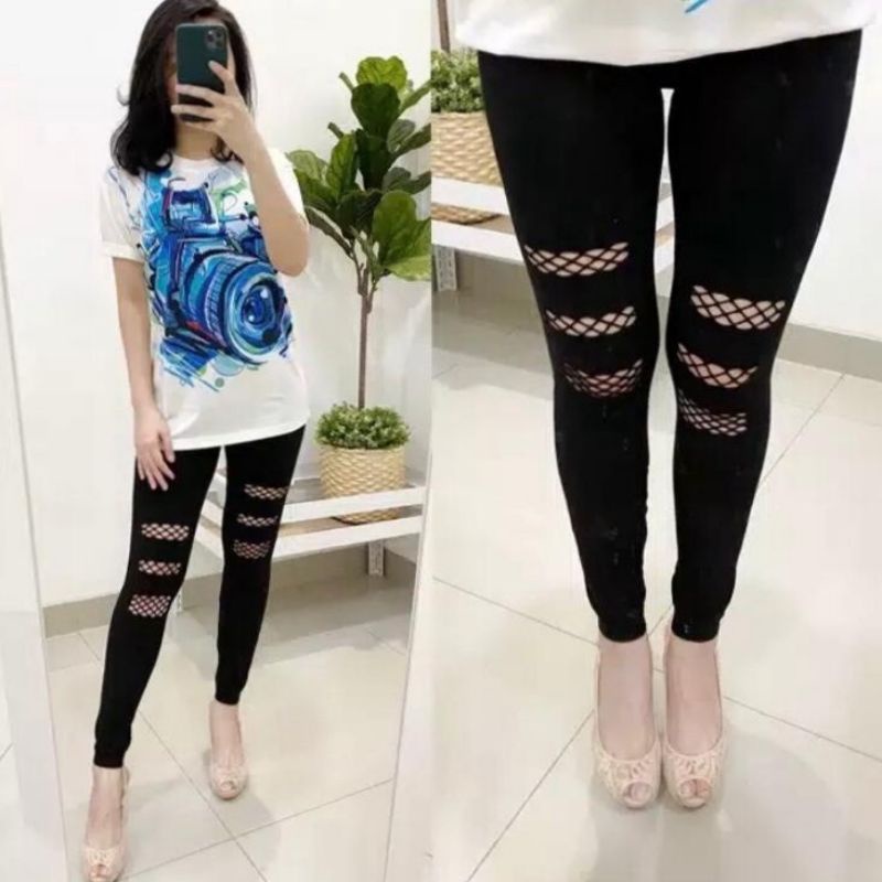 Legging Sobek Import Wanita / Legging Sobek Jaring Jala Wanita Premium / Korean Legging Fit S-XXl