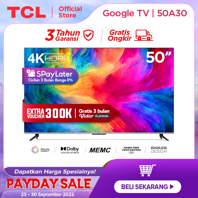 TCL 50 inch Smart TV - 4K UHD - Dolby Vision - Atmos - MEMC - HANDS-FREE VOICE CONTROL 2.0 - HDMI 2.1 - Frameless Design - Netflix & Youtube (Model 50A30)