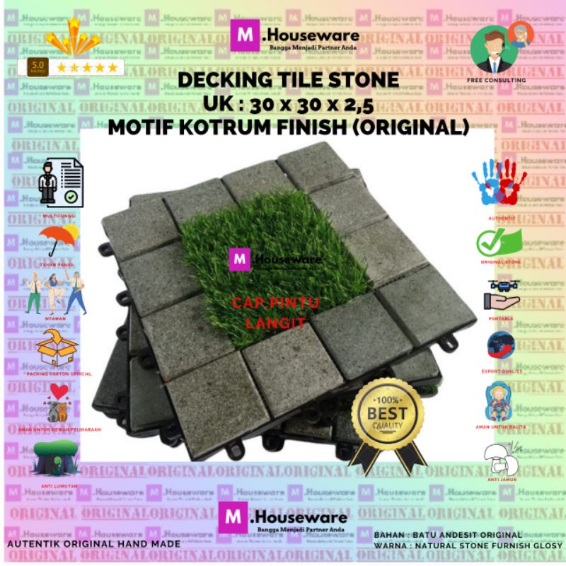 Lantai Batu Andesit Motif KOTRUM BATU Kotak Mix Rumput / decking stone Batu Alam UK 30x30cm