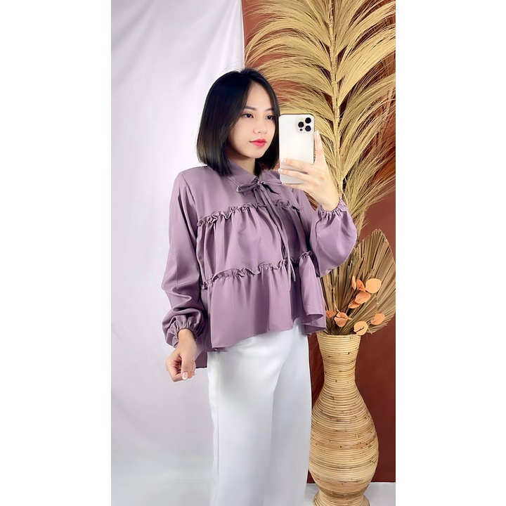 Weijia Fashion Baju Atasan Wanita Terbaru /  Baby Doll Shirt / Blouse Polos Lengan Panjang / Blus / 