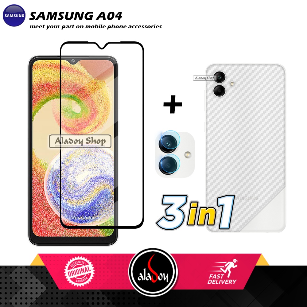 PROMO 3 IN 1 PAKET Tempered Glass SAMSUNG A04 2022 Free Tempered Glass Camera dan Skin Carbon