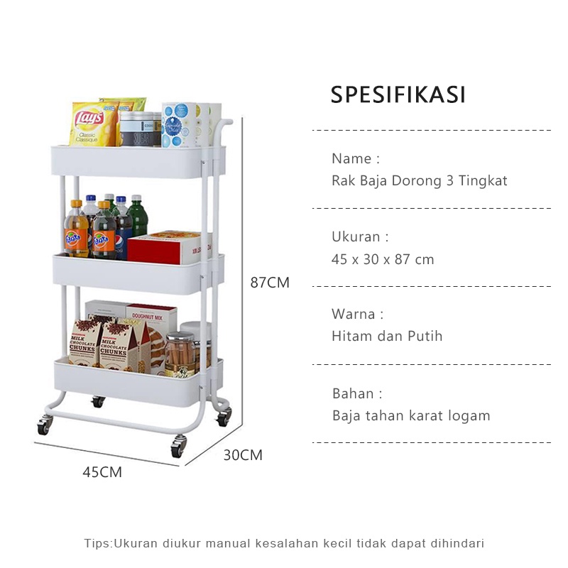 Rak Troli Serbaguna Susun Roda, Keranjang Roda Susun, Rak Baja Dorong 3 Tingkat, Troli Barang Dapur