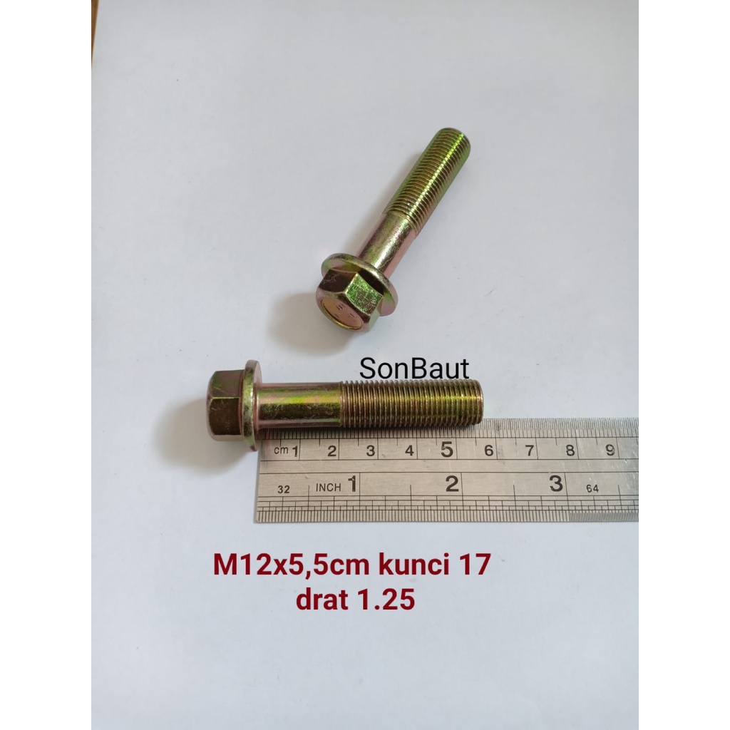 Baut Topi 17 5.5cm kunci 17 Flange bolt M12x55 12x55 drat halus 1.25