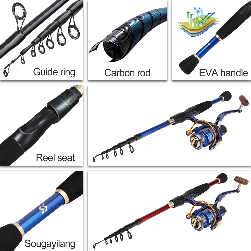 Sougayilang Joran Pancing Set Spinning Fishing Reel Fishing Rod Set  1.8M-2.4M Joran  Pancing Portabel Teleskopik Gulungan Memancing Dengan 5.2: 1GR 12BB dan Lengkap Gratis Senar Pancing Umpan Pancing Untuk Air Tawar Untuk Pemula Dan Anak-anak