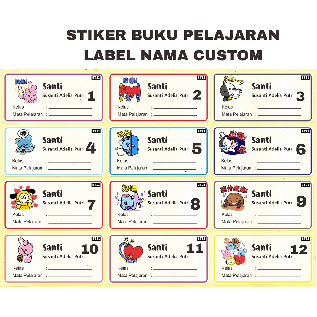 Label buku BT21/Stiker Pelajaran/Stiker nama/isi 17pcs