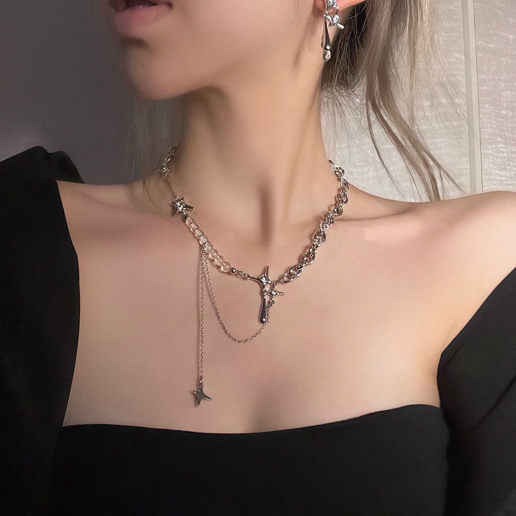 AY(CN) Kalung Choker Rantai Rumbai Manik-Manik Kristal Bintang Empat Sudut Warna Silver Gaya Korea Untuk Wanita