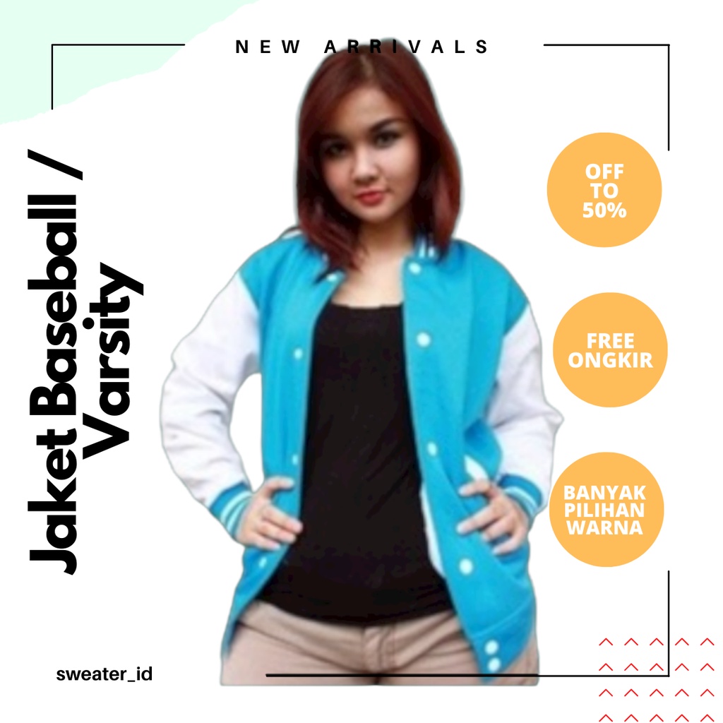 Sweater_id Jaket Baseball Turkis-Putih Polos Unisex