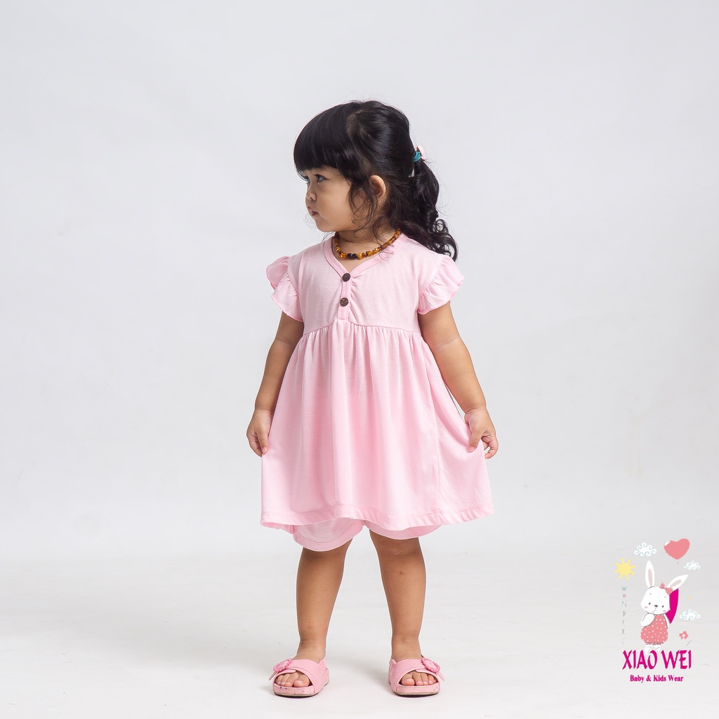 Dress Ruffle Set Kancing Anak Perempuan/ Setelan Anak - Anak / Setelan Bayi Permepuan 0 - 4 Tahun