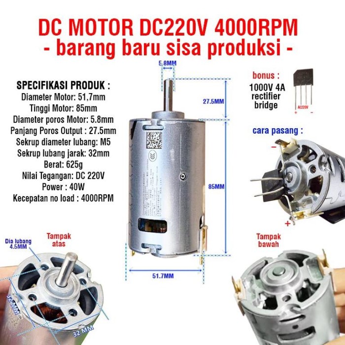 Dinamo Fan Motor Dc 220V 4000 Rpm Rectifier Diy Gerinda Bor