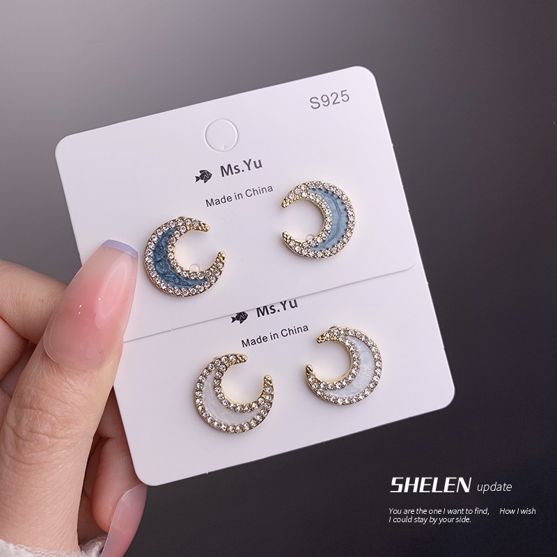 Anting Stud Desain Bulan Sabit Aksen Berlian Imitasi Gaya Retro Serbaguna