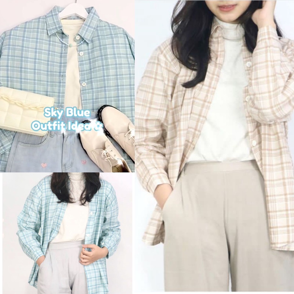 BEFAST - ZEC OOTD Kemeja BUNA / Clova Shirt / Kemeja Wanita Terbaru / Pakaian Casual Wanita / Kem Bisa Di Jadikan Outer / Fashion Wanita Ala Korean Style / Hem Motif Kotak-Kotak / Trendy / Kemeja Lengan Panjang