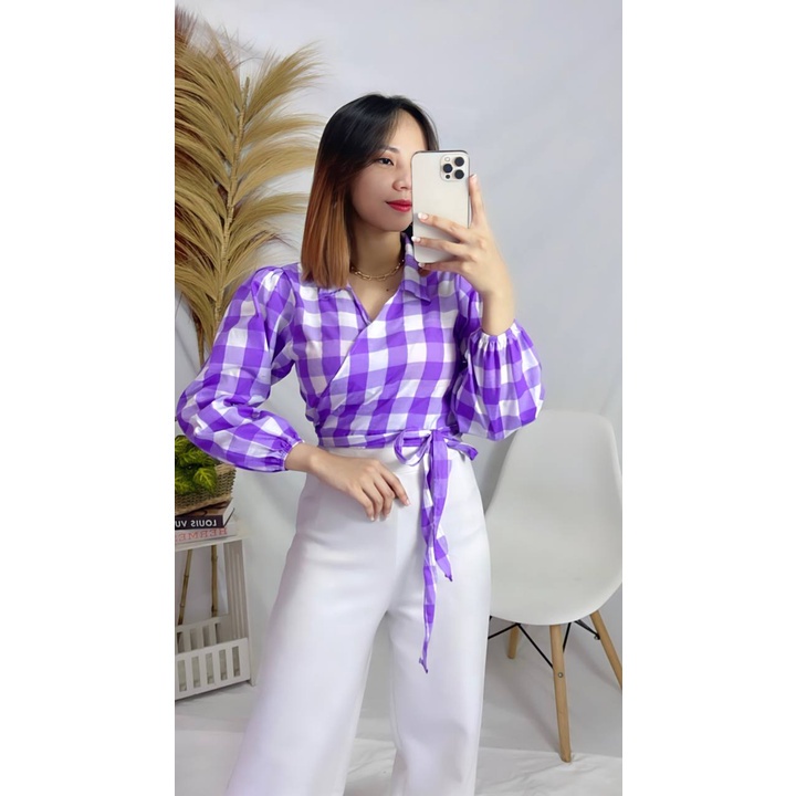 Tq88indonesia Fashion Baju Busana Casual Wanita / Angelie Wrap Top Motif / Blouse Kotak Lengan Panjang / Blus / Ootd / Oufit Kasual Kekinian