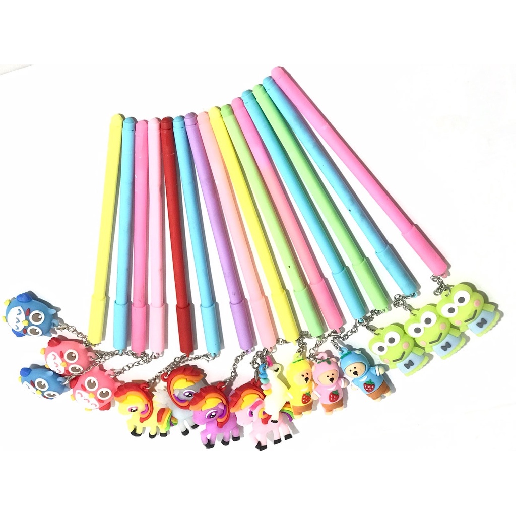 ( Ecer ) PEN GANTUNGAN BONEKA / PULPEN GEL KARAKTER ANAK / PENA GANTUNGAN KUNCI SOUVENIR / POM POM BULU UNICORN PRINCESS FLAMINGO