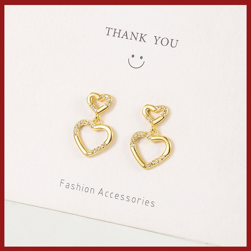 Anting Tusuk Berlian Imitasi Bentuk Hati Hollow Lapis Emas 18K Untuk Wanita U1036