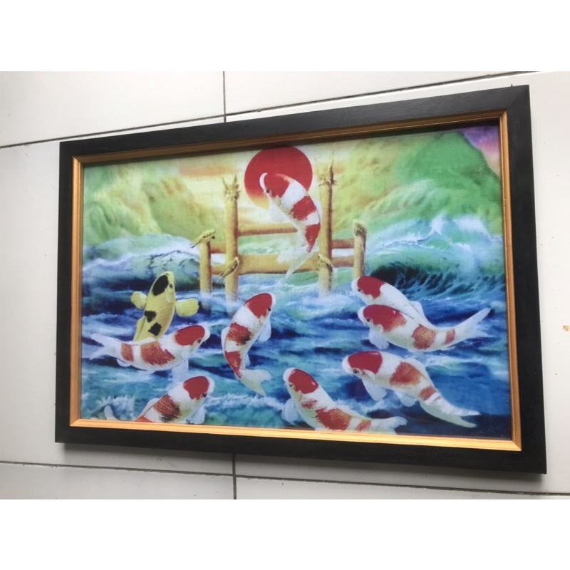 Hiasan Dinding Gambar cetak Lukisan 9Ikan koi plus bingkai