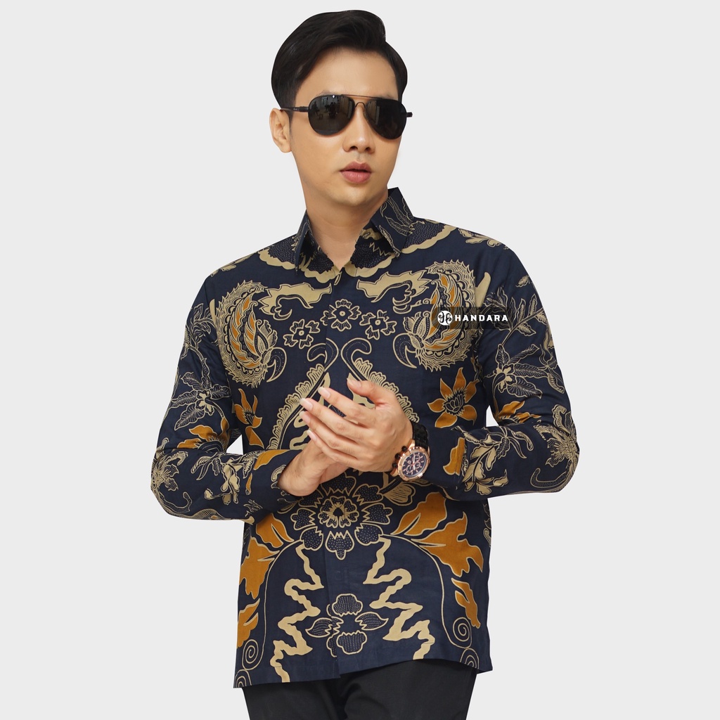 Baju Kemeja Batik Pria Lengan Panjang Slim Fit Premium Modern Full Furing Katun Halus Original Handara Motif Bhremasta Navy Oren HB-106