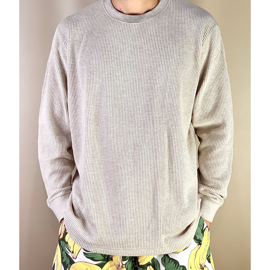 Uniqlo Men T-Shirt Waffle Kerah Bulat Lengan Panjang Atasan Pria Size XXL Original